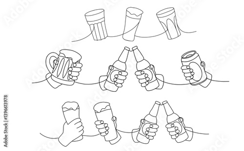 Hands holding a beer bottle one line colored continuous drawing. Beer pub products continuous one line illustration. Vector linear illustration.
