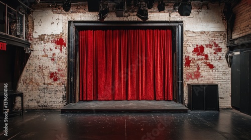 A dimly lit stage with vibrant red curtains and distressed brick walls creates a dramatic, vintage theater atmosphere