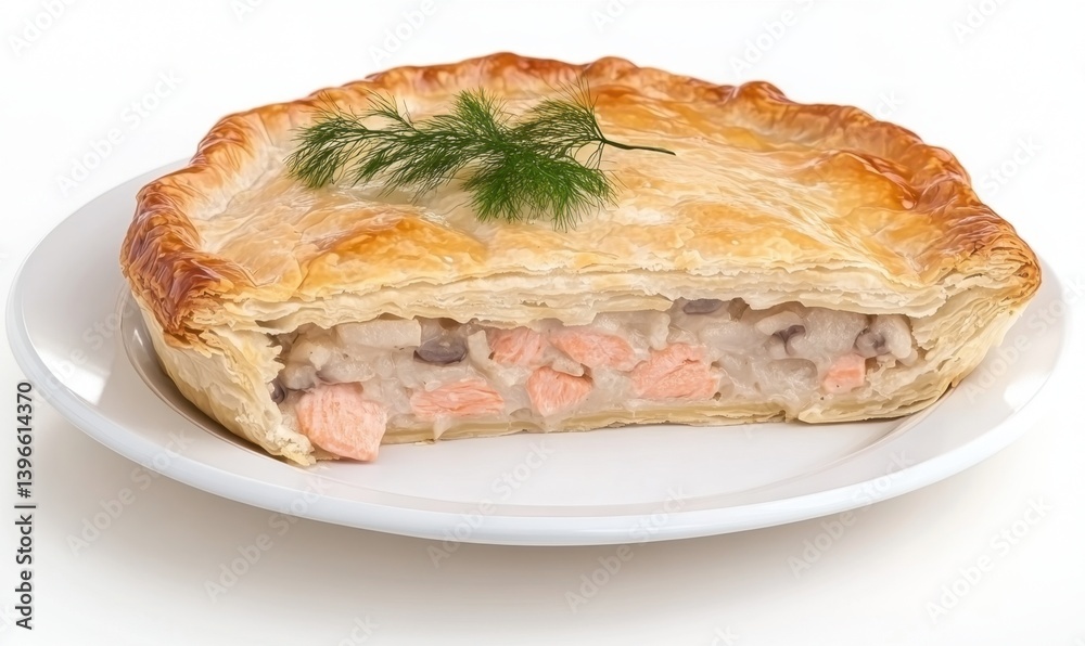 Salmon pie slice, flaky crust, dill garnish, white background, food photography, recipe illustration Salmon pie slice, flaky crust, dill garnish, white background, food photography, recipe illustration