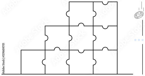Stacked interlocking puzzle pieces form a pyramid structure, complemented by a coin tossed upward. Ideal for strategy, growth, teamwork, problem-solving, balance, innovation success. Flat simple