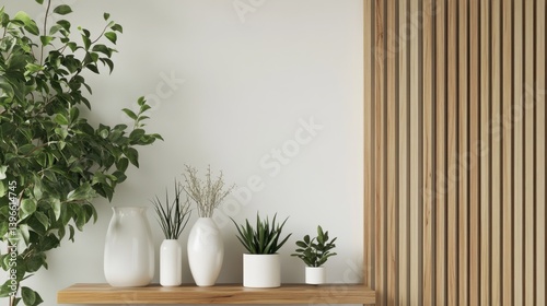 Minimalist interior with a wooden shelf displaying white vases with greenery and a slatted wood wall panel. Clean and modern aesthetic