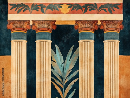 Minoan columns with capitals and entablature against a blue and orange background.