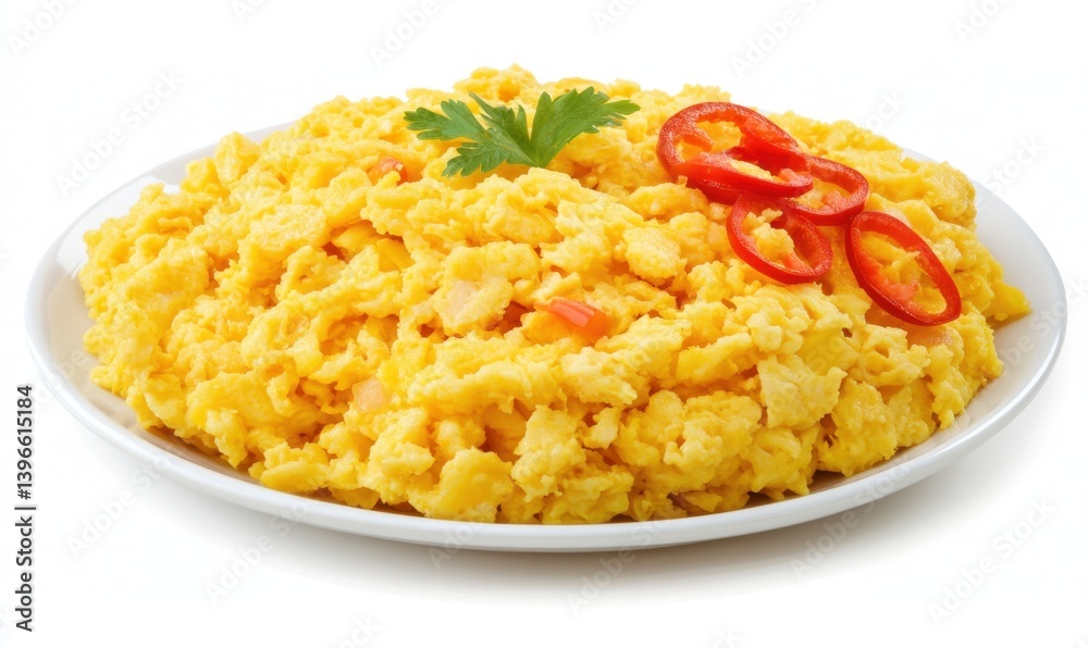 Scrambled eggs with peppers, parsley garnish, on white plate, isolated Scrambled eggs with peppers, parsley garnish, on white plate, isolated