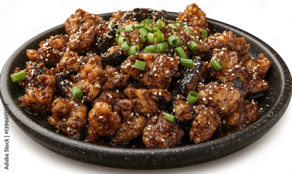 Sesame chicken stir-fry, delicious Asian cuisine, garnished with green onions, isolated on white background; perfect for restaurant menus Sesame chicken stir-fry, delicious Asian cuisine, garnished with green onions, isolated on white background; perfect for restaurant menus