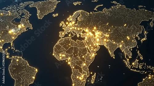 Global connectivity network visualization with illuminated cities and digital dots