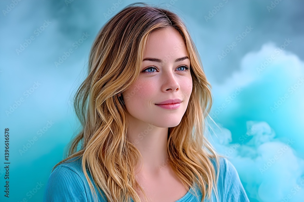 Serene woman with blond hair and blue eyes, gazing thoughtfully against a teal smoke backdrop Serene woman with blond hair and blue eyes, gazing thoughtfully against a teal smoke backdrop