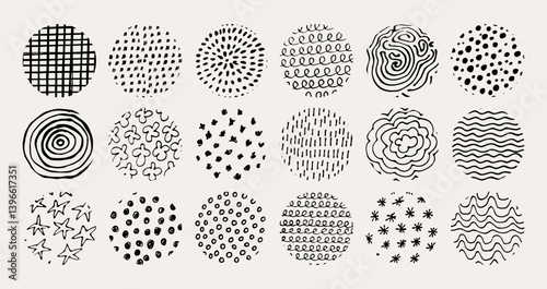 Abstract Line Art Hand Drawn Textures Set. Line Art Curve Lines Vector Object Isolated. Abstract Circle Elements Collection. Freehand Hand Drawn Elements Linear Drawing for Trendy Modern Design.