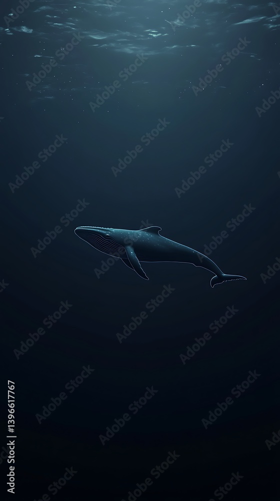 Obraz premium Whale swimming in dark ocean depths, with sunlight rays filtering through; use for environment concept
