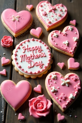 Assortment of cookies with icing for Mother's Day, wooden background, traditional, tasty, gift