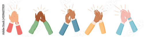 Diverse cartoon hands in applause and cheer set. Set of colorful clapping gestures symbolizing celebration and solidarity. Unity through human connection positive energy. Creative symbol for group