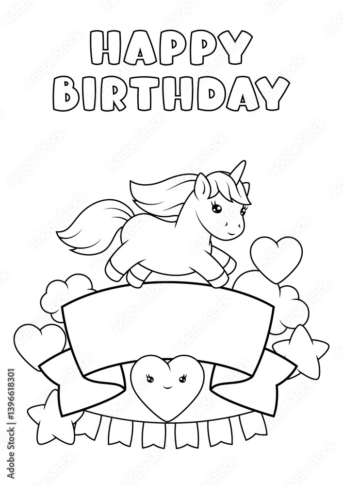 Card with unicorn. Happy birthday party invitation.