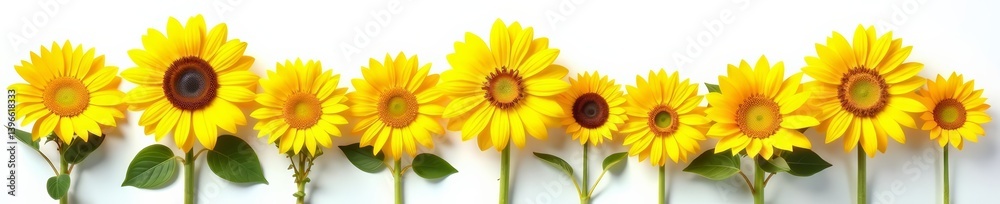 Fototapeta premium Assortment of sunflower heads in various sizes on a clean white backdrop, floral, beauty