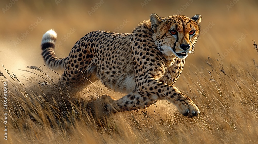 A cheetah in full stride through tall golden grass. A cheetah in full stride through tall golden grass.