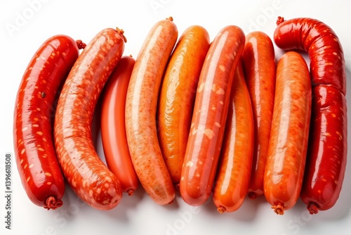 Assortment of various sausages including bratwurst, chorizo, and hot dogs on white background, pork, barbecue