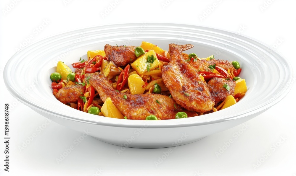 Spicy fish stir-fry with vegetables in a white bowl