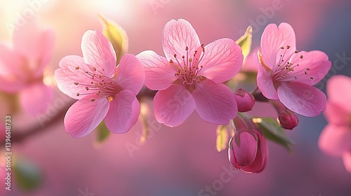 Delicate pink blossoms in soft focus, bathed in morning light. photo