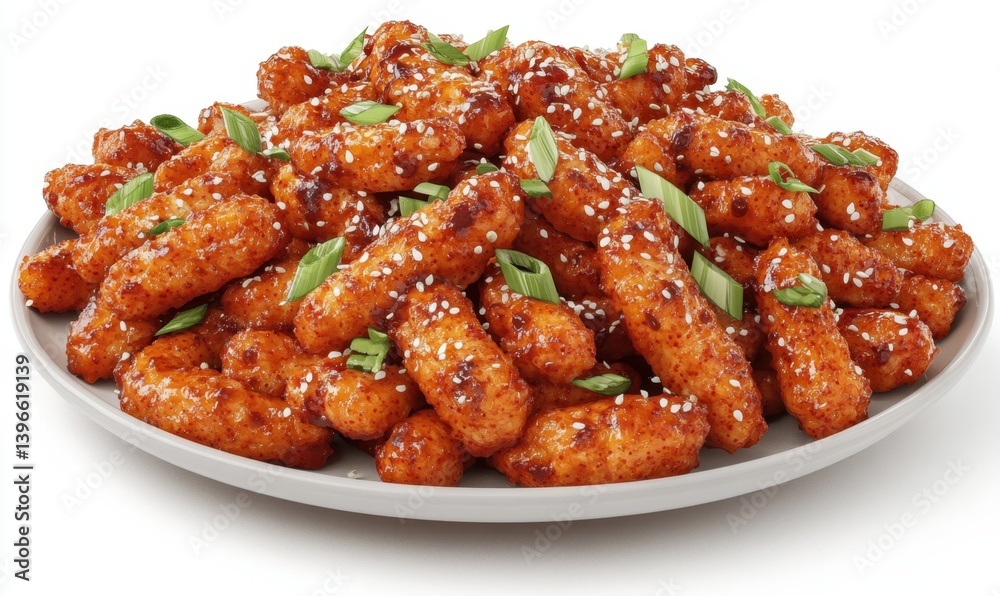 Spicy Korean rice cakes, sesame seeds, green onions, white background, food photography, recipe website Spicy Korean rice cakes, sesame seeds, green onions, white background, food photography, recipe website