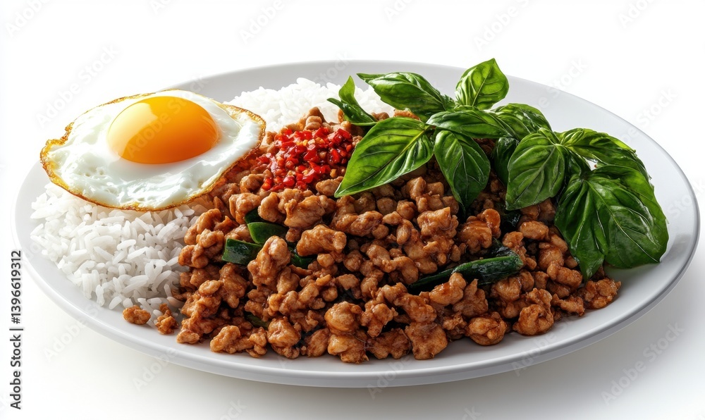 Spicy minced chicken basil rice dish with fried egg Spicy minced chicken basil rice dish with fried egg