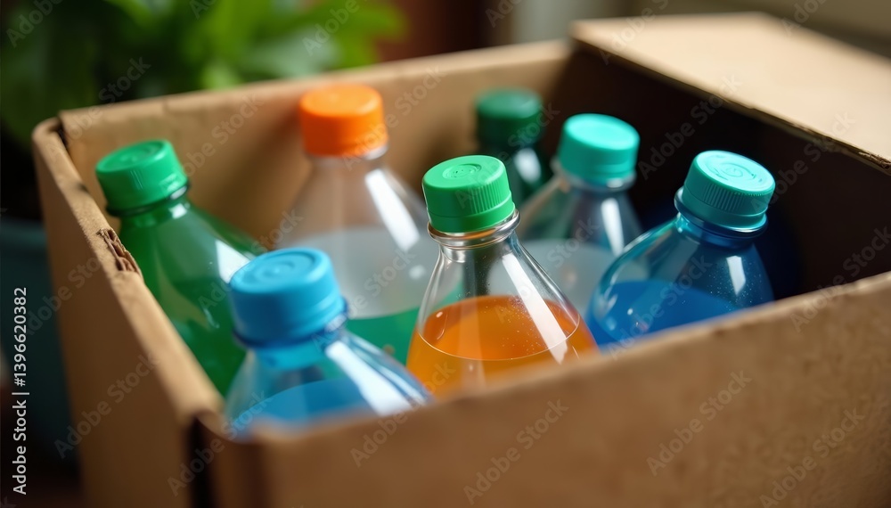 Close-up of plastic bottles inside brown recycle garbage box, eco-friendly, waste