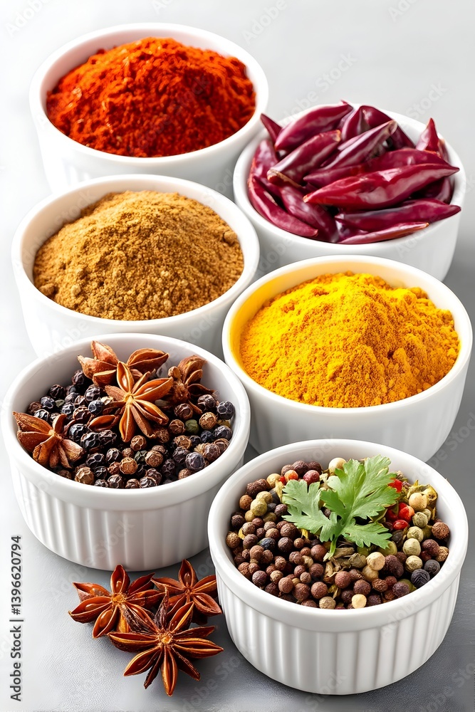 Vibrant assortment of spices in small white bowls Vibrant assortment of spices in small white bowls
