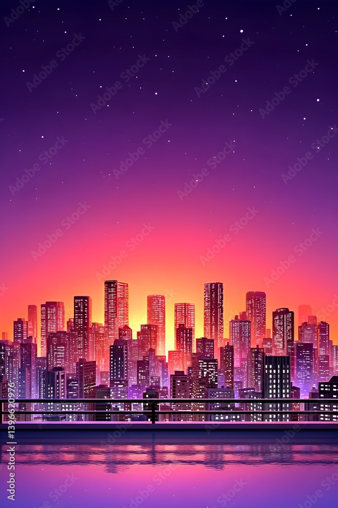 Obraz premium Vibrant cityscape at sunset, reflected in calm water under a starry night sky