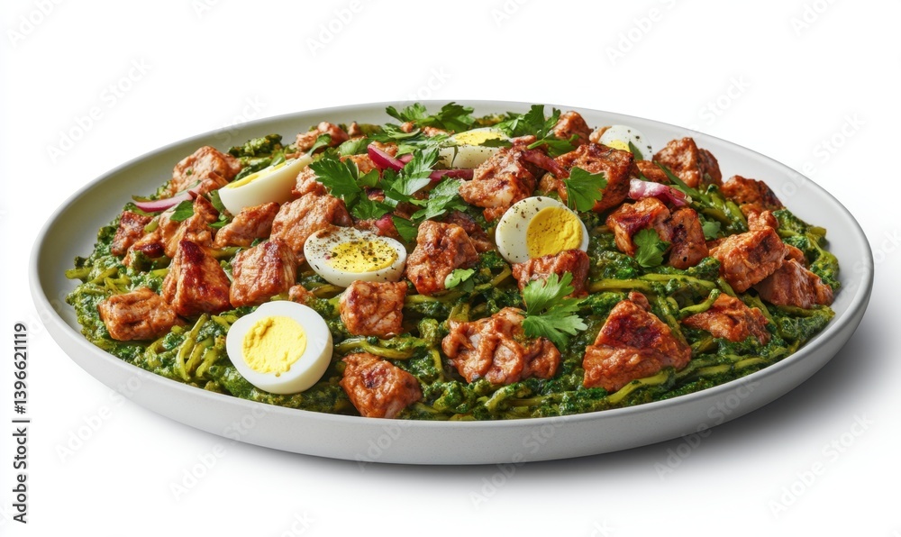 Spinach pasta with meat and eggs; healthy meal; white background; food photography; recipe illustration Spinach pasta with meat and eggs; healthy meal; white background; food photography; recipe illustration