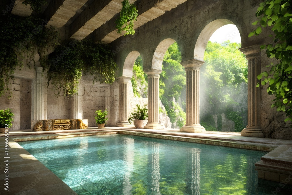 Fototapeta premium Luxurious indoor swimming pool in ancient roman style with columns and arches overlooking a green valley