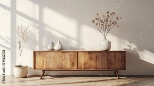 Minimalist interior with a warm wooden sideboard and delicate floral arrangements bathed in soft sunlight. Clean, serene aesthetic