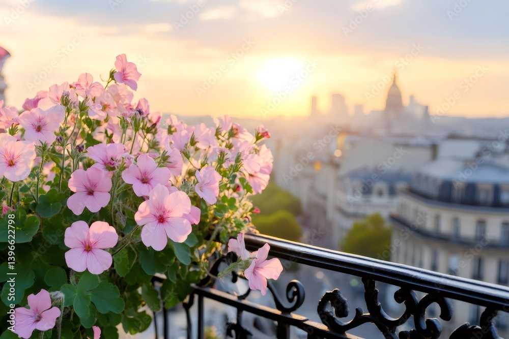 Pink flowers blooming on balcony overlooking Paris at sunset
