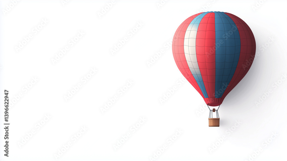 Fototapeta premium Hot air balloon banner design with one big red and blue balloon with soft shadow, empty space in the middle for text