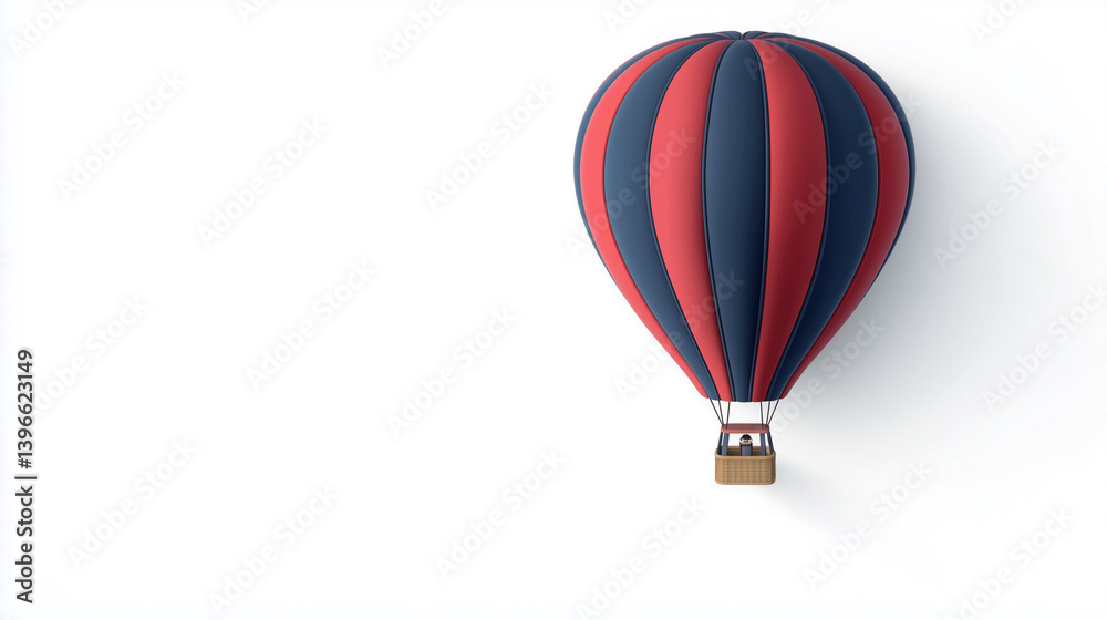 Fototapeta premium Hot air balloon banner design with one big red and blue balloon with soft shadow, empty space in the middle for text