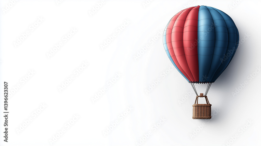 Fototapeta premium Hot air balloon banner design with one big red and blue balloon with soft shadow, empty space in the middle for text
