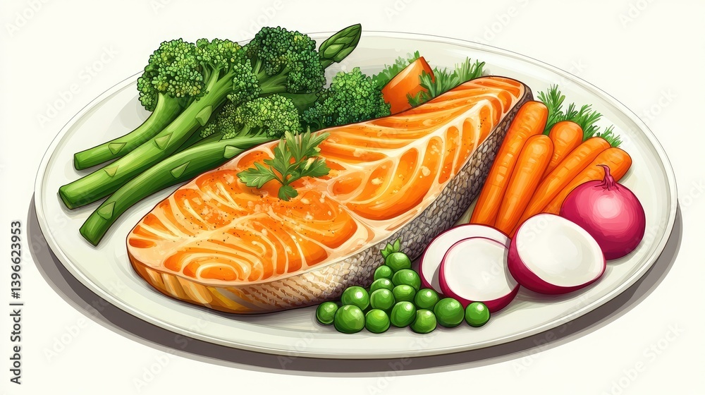 Roasted salmon steak with asparagus, broccoli, carrot, tomatoes, radish, green beans, and peas Roasted salmon steak with asparagus, broccoli, carrot, tomatoes, radish, green beans, and peas