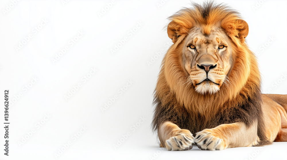 Fototapeta premium African lion with thick golden mane sitting with sharp gaze, white background