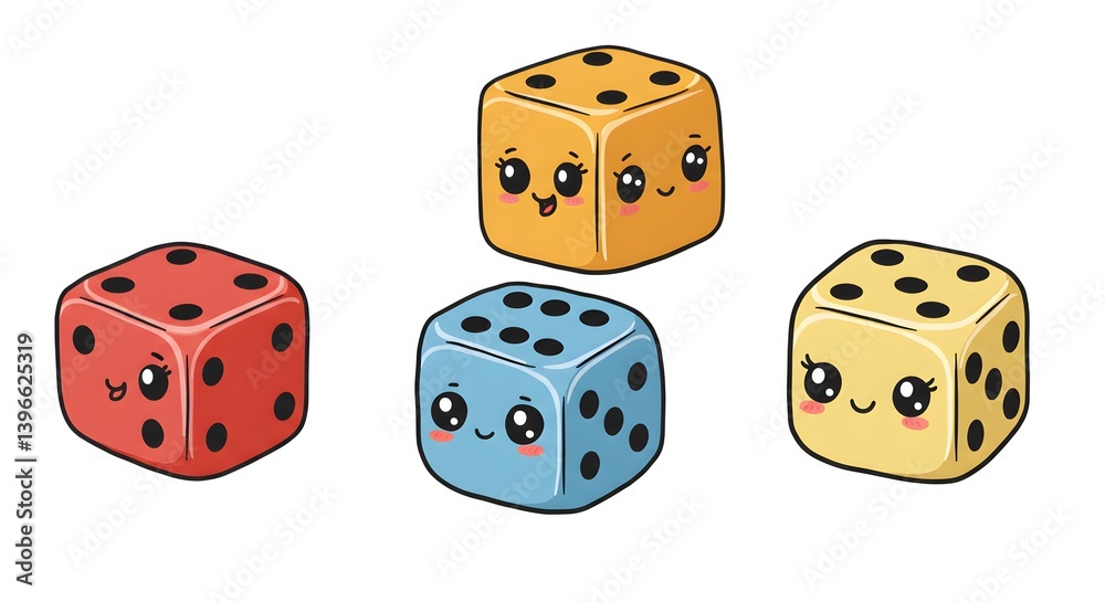 Adorable Cartoon Dice Characters Displayed on a Clean White Background Adorable Cartoon Dice Characters Displayed on a Clean White Background