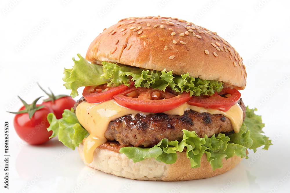 A classic cheeseburger with lettuce and tomato isolated on a white background, perfect for food lovers A classic cheeseburger with lettuce and tomato isolated on a white background, perfect for food lovers