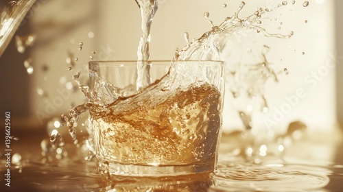 An action shot of water being poured from a jug into a glass, with splashes and reflections captured in the motion, against a bright, airy background.