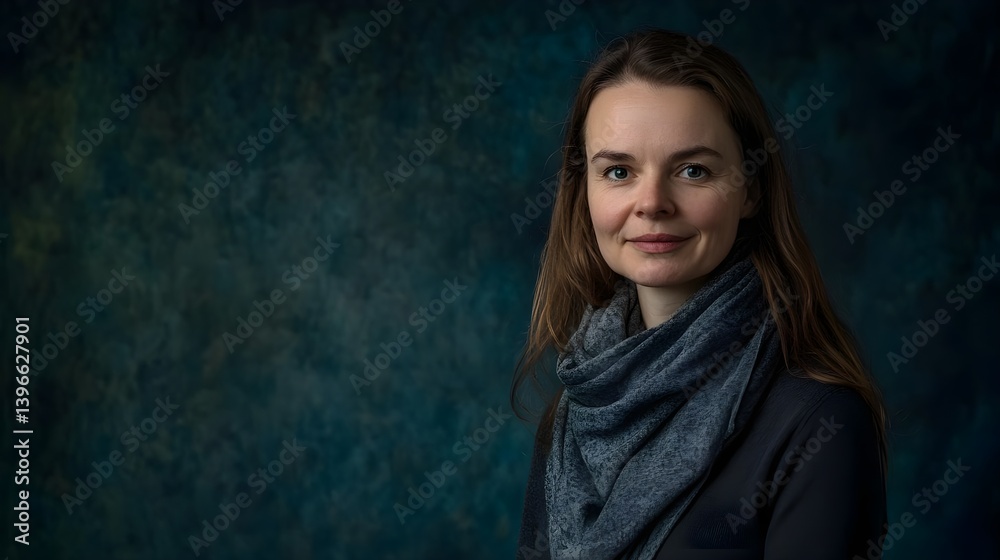Middle-Aged Woman Smiling in Grey Scarf Against Dark Background Middle-Aged Woman Smiling in Grey Scarf Against Dark Background