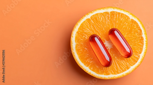 vibrant orange slice with two red capsules placed on top creates striking visual representation of health and wellness. bright colors evoke sense of vitality and freshness