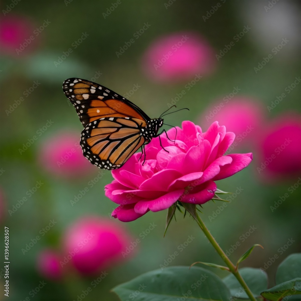 Monarch butterfly feeding on a pink rose in a garden Monarch butterfly feeding on a pink rose in a garden