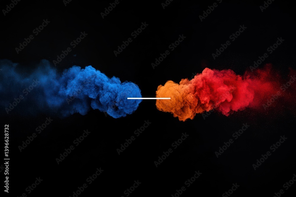Fiery Nebula Clash: Abstract red and blue smoke on black background symbolizing competition and conflict