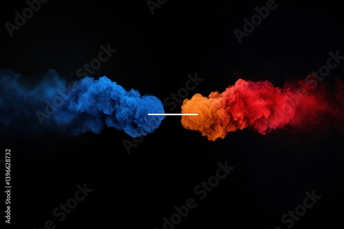 Obraz na płótnie Fiery Nebula Clash: Abstract red and blue smoke on black background symbolizing competition and conflict w salonie