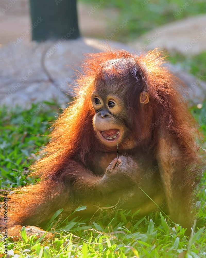 Naklejka premium Potrait A reddish-brown orangutan with long arms and shaggy fur looks thoughtfully. Its expressive eyes convey intelligence and a gentle nature. 10 april 2025 Indonesia