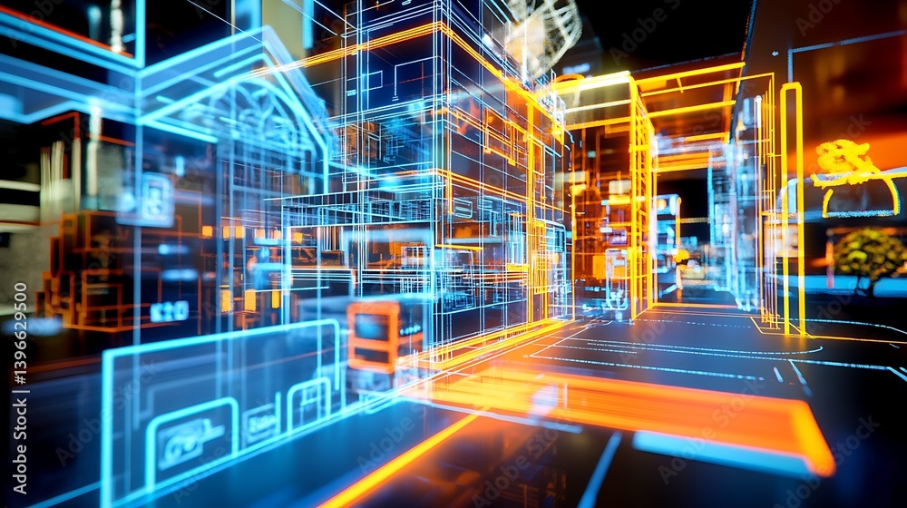 Fototapeta premium Futuristic cityscape featuring neon-lit buildings and digital elements, showcasing advanced urban design