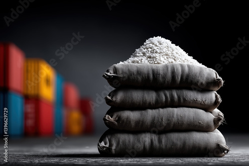 Fresh rice bags stacked high symbolize balance of commodity and demand in import market