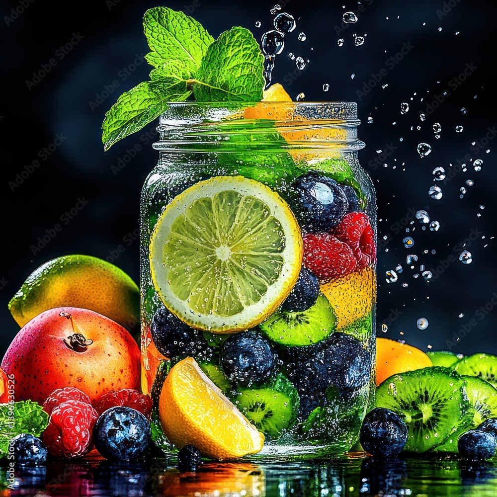 Fresh Fruits and Vegetables Surrounding Glass Jar with Lemon and Mint on Rustic Wooden Tabletop, Evoking Joy and Delight in Healthy Lifestyle