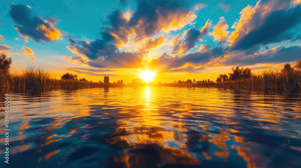 Tranquil Sunset Over Serene Water and Lush Greenery - Peaceful Nature Landscape Reflecting Calmness and Beauty, Ideal for Relaxation and Escaping Busyness of Life