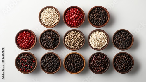 A high-definition image of a variety of ground pepper spices, including black, white, and red pepper, neatly arranged in small bowls against a clean background.