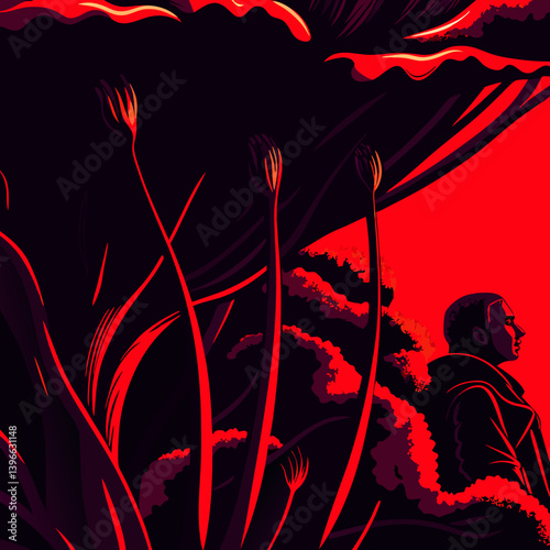 Man Silhouette Red Flower Background Illustration