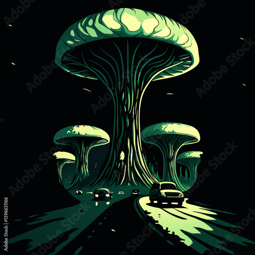Cars Driving Past Giant Glowing Mushrooms